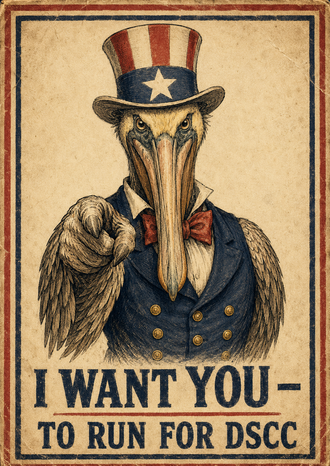 Vintage campaign poster reading I want you to run for DSCC